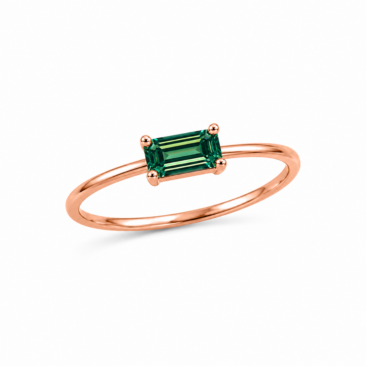 1 Carat Emerald Cut Green Moissanite Ring, Horizontal Green Moissanite Ring