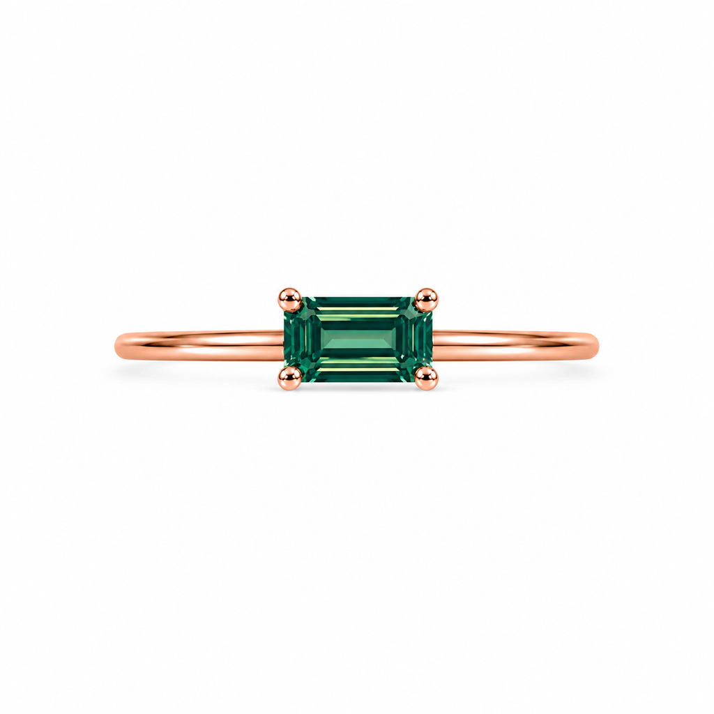 1 Carat Emerald Cut Green Moissanite Ring, Horizontal Green Moissanite Ring