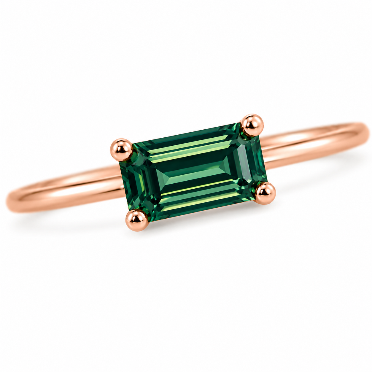 1 Carat Emerald Cut Green Moissanite Ring, Horizontal Green Moissanite Ring