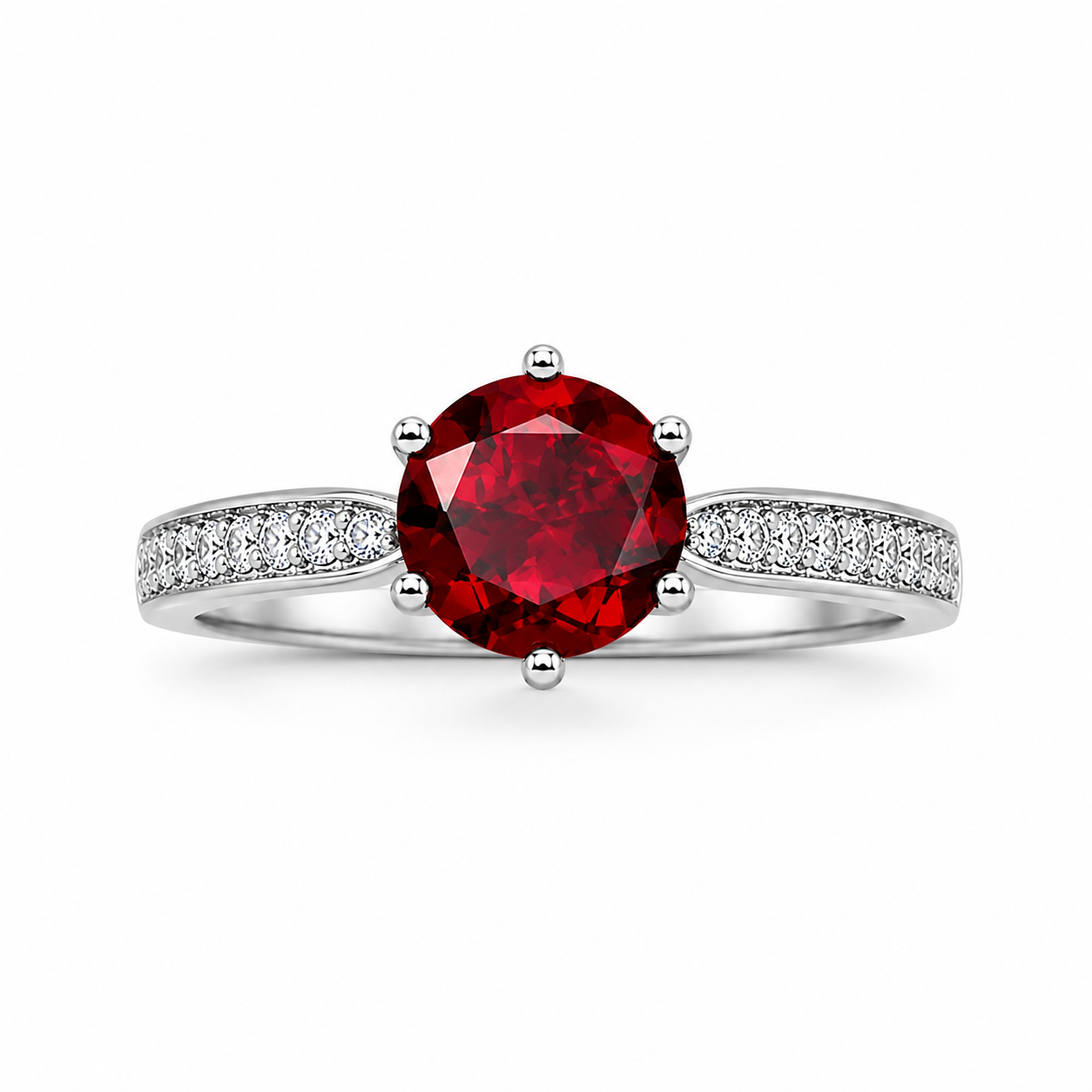 Natural 8mm round red garnet solitaire ring with cubic zirconia pavé shoulder accents in platinum plated sterling silver on a white background