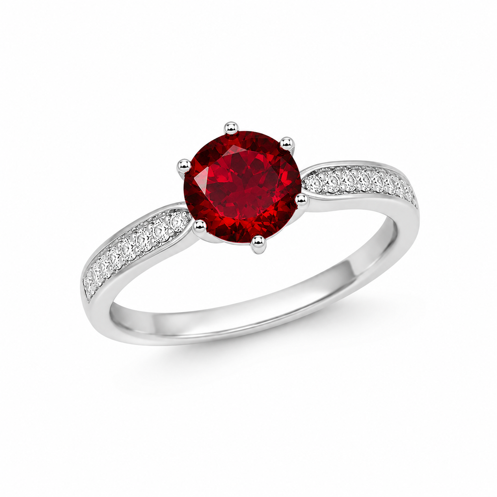 Natural 8mm round red garnet solitaire ring with cubic zirconia pavé shoulder accents in platinum plated sterling silver on a white background