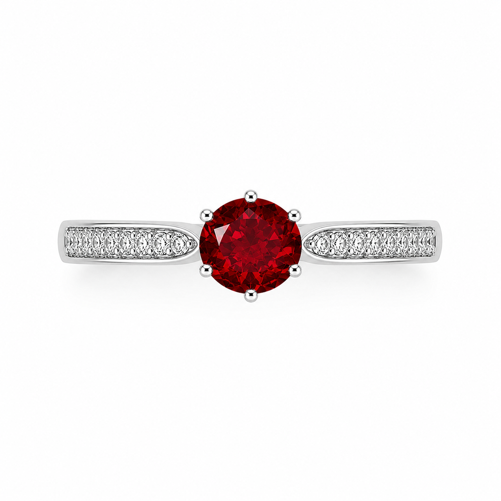 Natural 8mm round red garnet solitaire ring with cubic zirconia pavé shoulder accents in platinum plated sterling silver on a white background