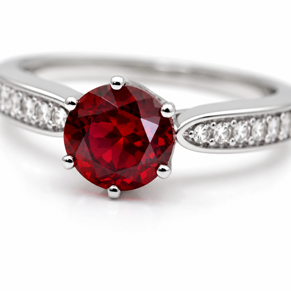 Natural 8mm round red garnet solitaire ring with cubic zirconia pavé shoulder accents in platinum plated sterling silver on a white background