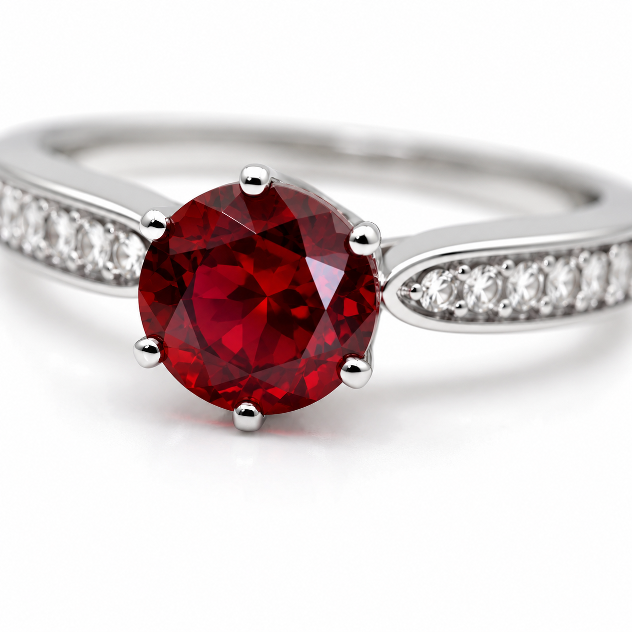 Natural 8mm round red garnet solitaire ring with cubic zirconia pavé shoulder accents in platinum plated sterling silver on a white background