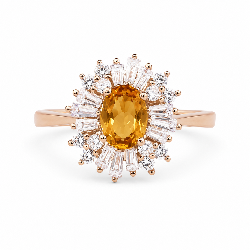 Natural 5x7mm oval cut citrine ring with baguette and round CZ sunburst halo in rose gold plated sterling silver