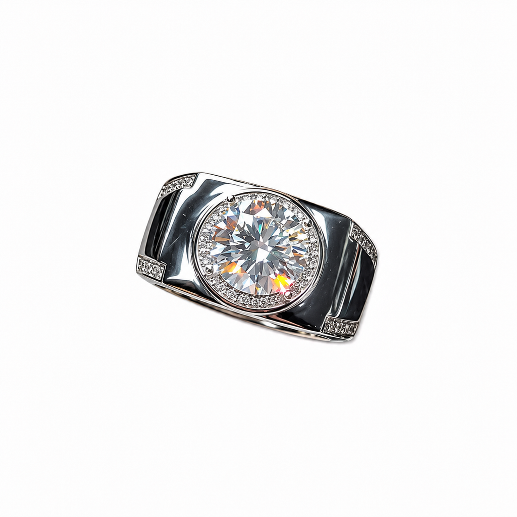 2 carat men's D Color 8mm round brilliant moissanite halo ring in platinum plated sterling silver with cubic zirconia accents on a white background