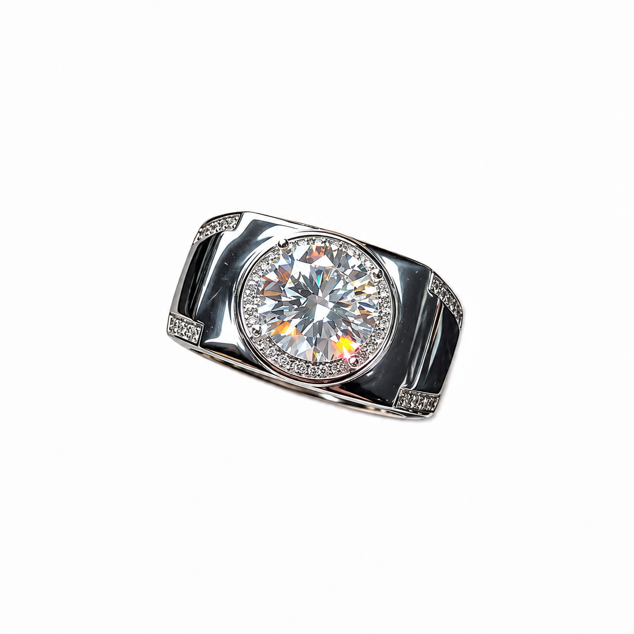 2 carat men's D Color 8mm round brilliant moissanite halo ring in platinum plated sterling silver with cubic zirconia accents on a white background
