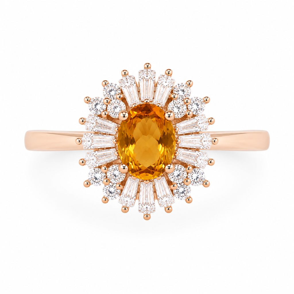 Top view of natural oval citrine ring with sparkling baguette and round CZ halo