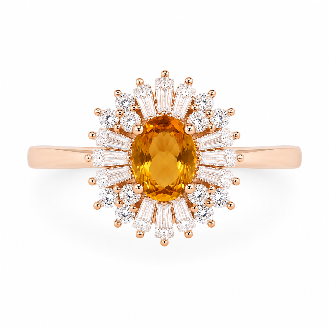Top view of natural oval citrine ring with sparkling baguette and round CZ halo