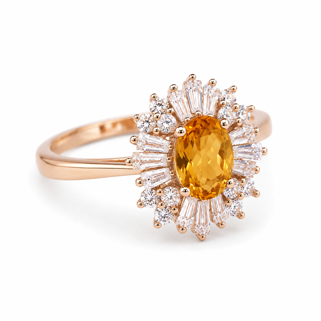 Natural 5x7mm oval citrine sunburst halo ring shown at 45 degree angle