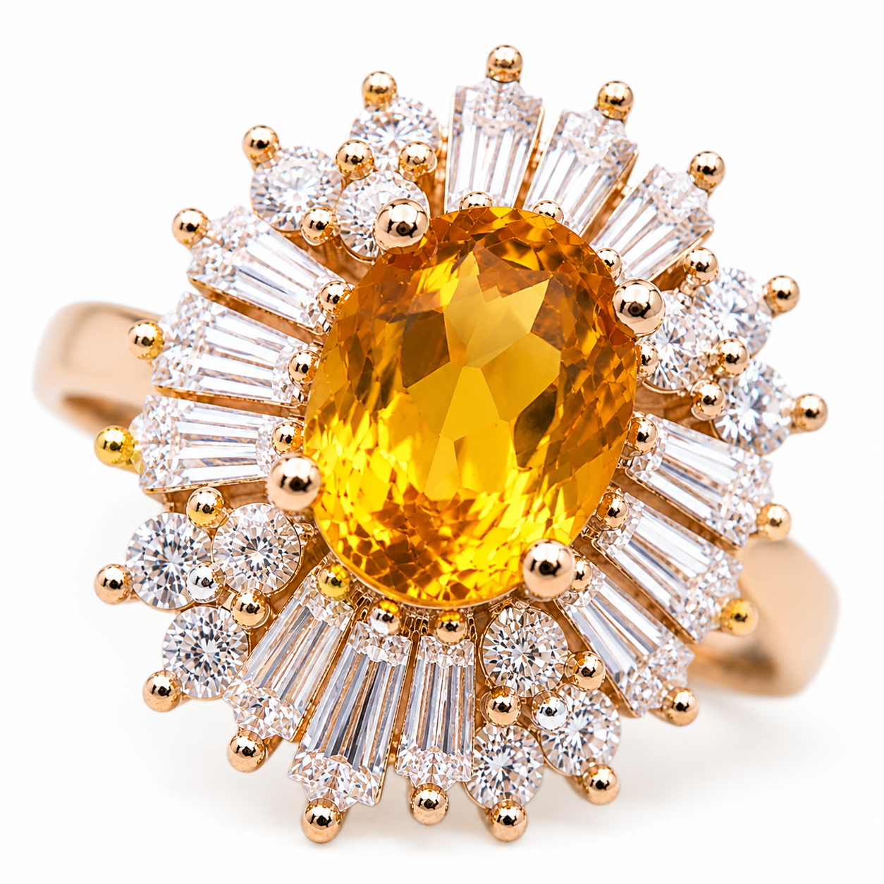 Macro close-up of 5x7mm oval cut natural citrine with tapered baguette and round CZ accents