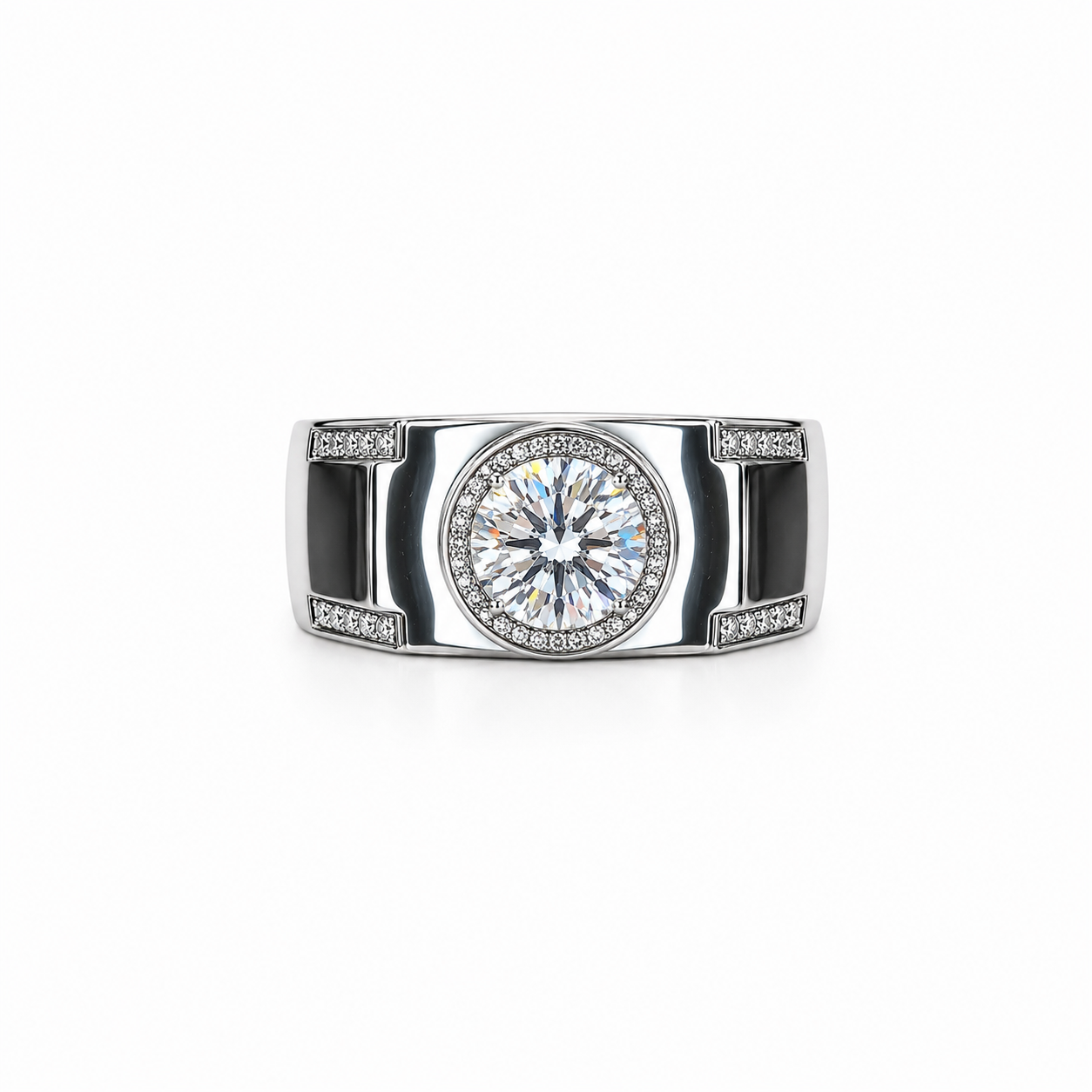 2 carat men's D Color 8mm round brilliant moissanite halo ring in platinum plated sterling silver with cubic zirconia accents on a white background