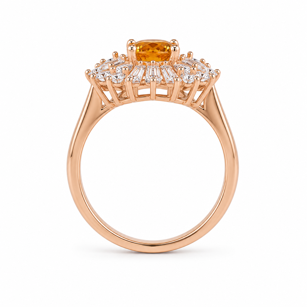 Side profile of 5x7mm natural citrine halo ring in rose gold plated sterling silver
