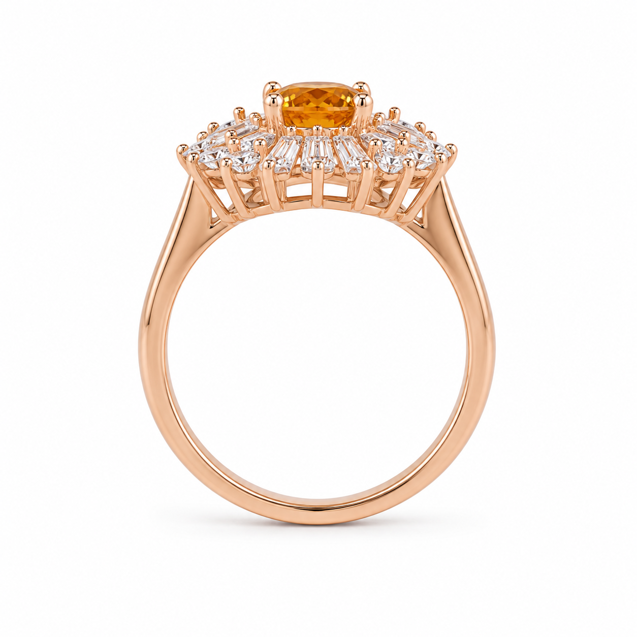 Side profile of 5x7mm natural citrine halo ring in rose gold plated sterling silver
