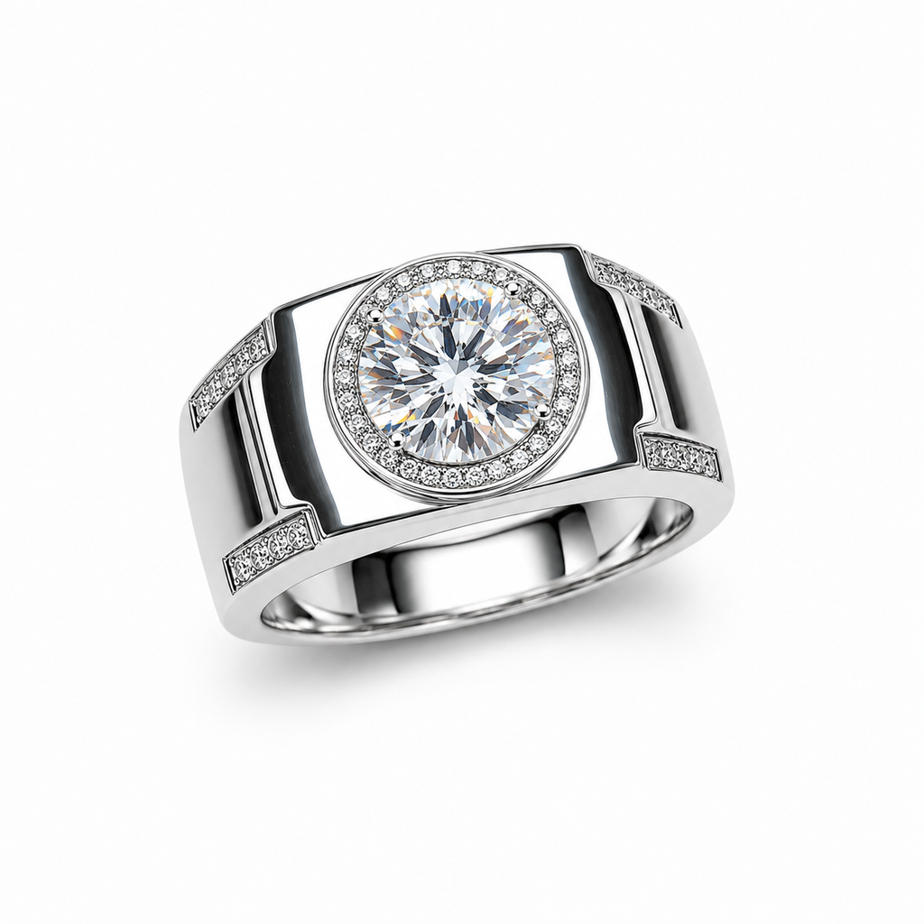 2 carat men's D Color 8mm round brilliant moissanite halo ring in platinum plated sterling silver with cubic zirconia accents on a white background
