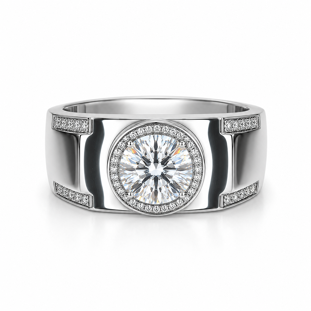 2 carat men's D Color 8mm round brilliant moissanite halo ring in platinum plated sterling silver with cubic zirconia accents on a white background