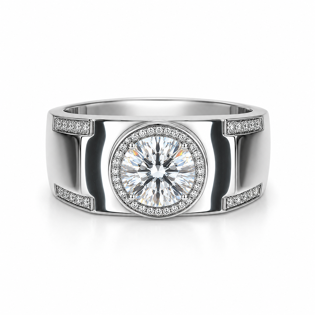 2 carat men's D Color 8mm round brilliant moissanite halo ring in platinum plated sterling silver with cubic zirconia accents on a white background