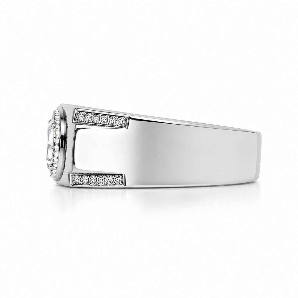 2 carat men's D Color 8mm round brilliant moissanite halo ring in platinum plated sterling silver with cubic zirconia accents on a white background