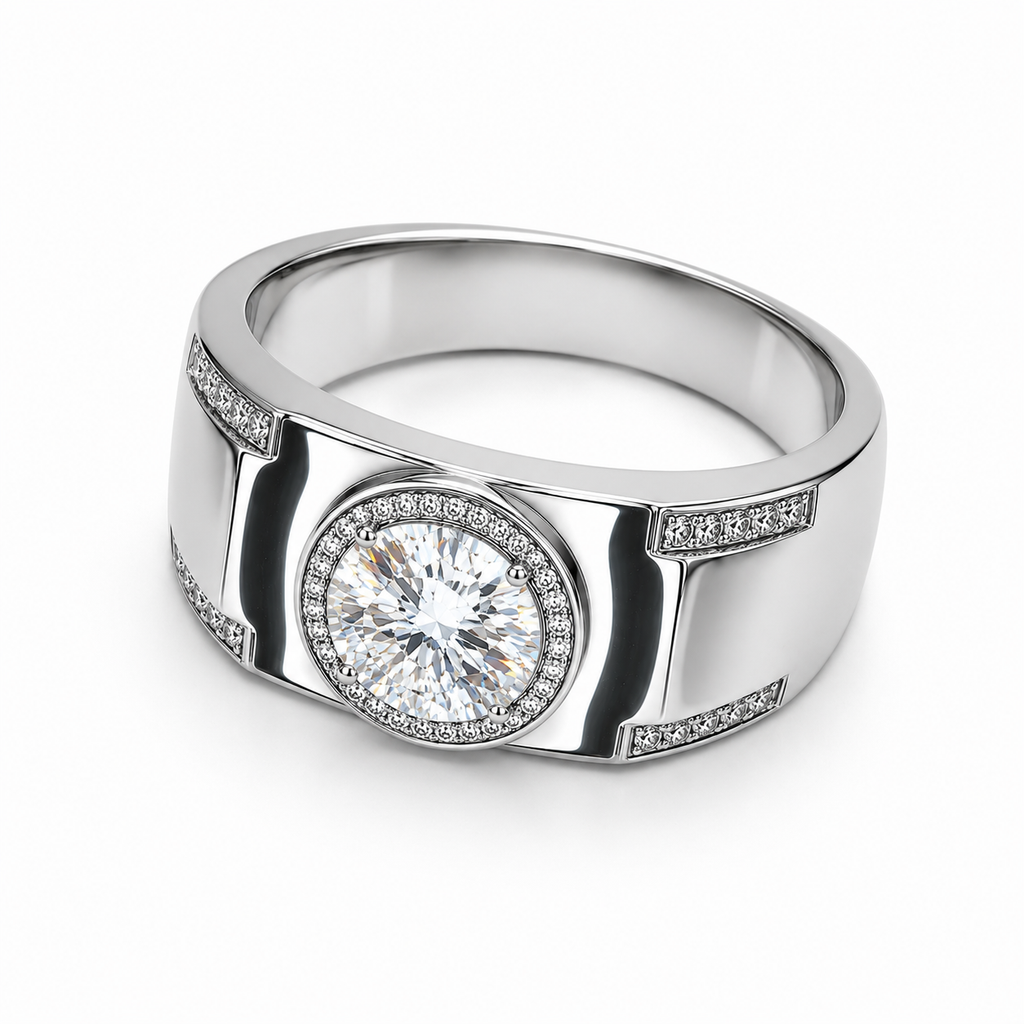 2 carat men's D Color 8mm round brilliant moissanite halo ring in platinum plated sterling silver with cubic zirconia accents on a white background