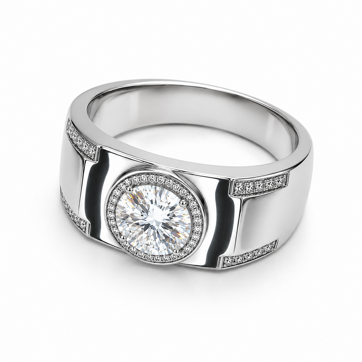 2 carat men's D Color 8mm round brilliant moissanite halo ring in platinum plated sterling silver with cubic zirconia accents on a white background
