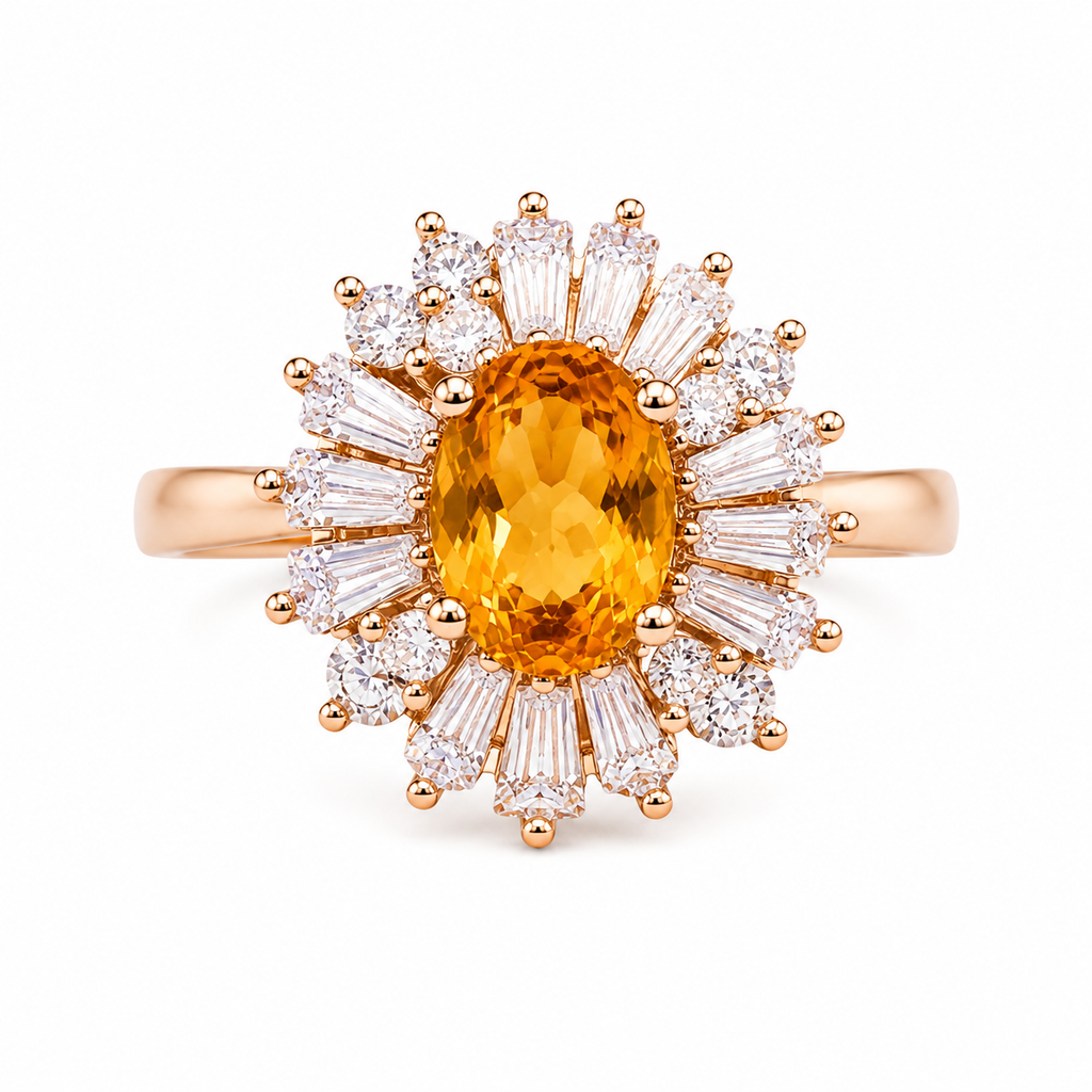 Natural 5x7mm oval citrine baguette halo ring