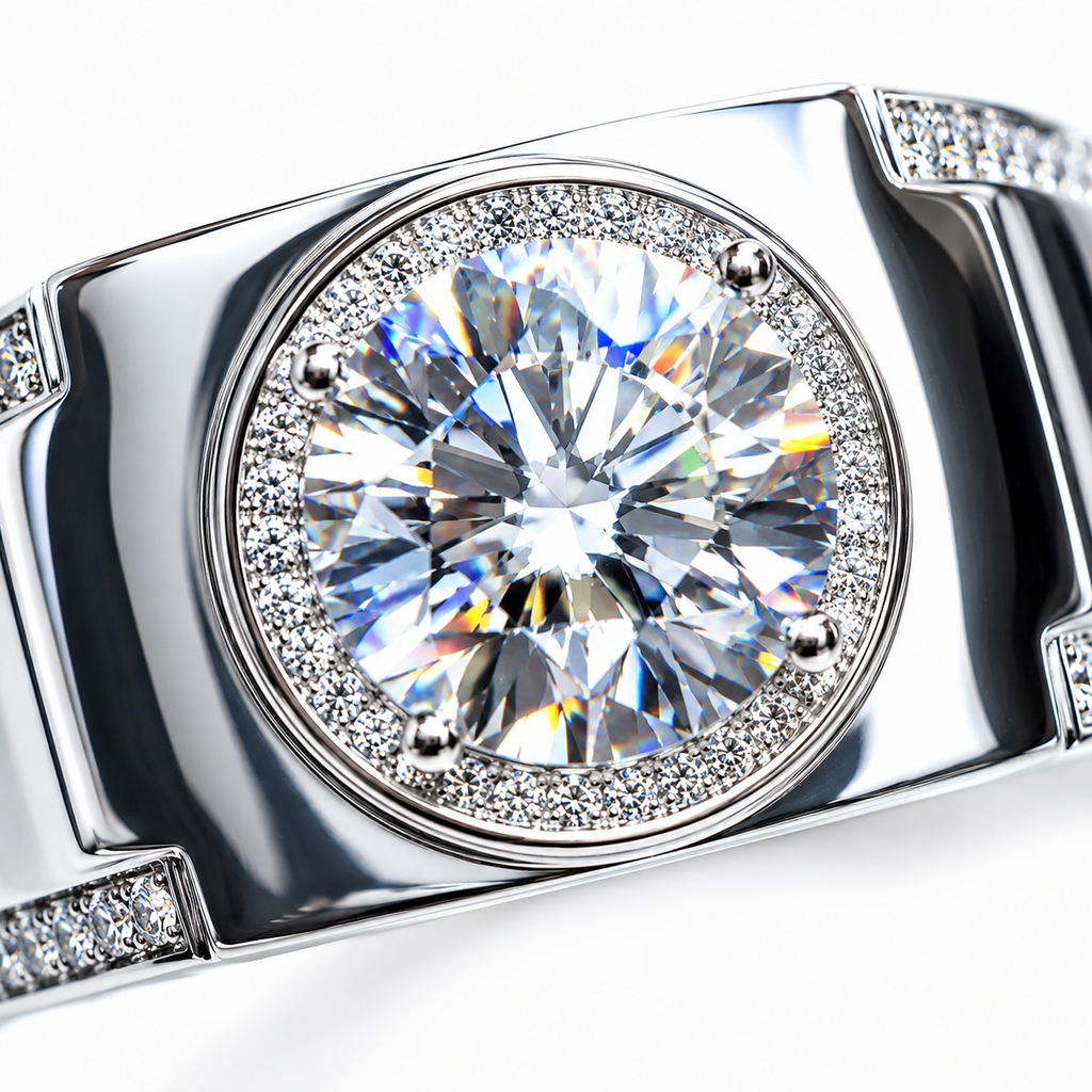 2 carat men's D Color 8mm round brilliant moissanite halo ring in platinum plated sterling silver with cubic zirconia accents on a white background