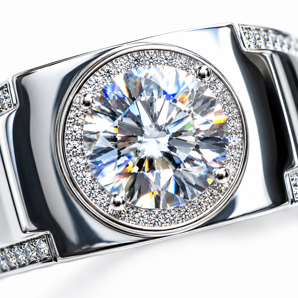 2 carat men's D Color 8mm round brilliant moissanite halo ring in platinum plated sterling silver with cubic zirconia accents on a white background