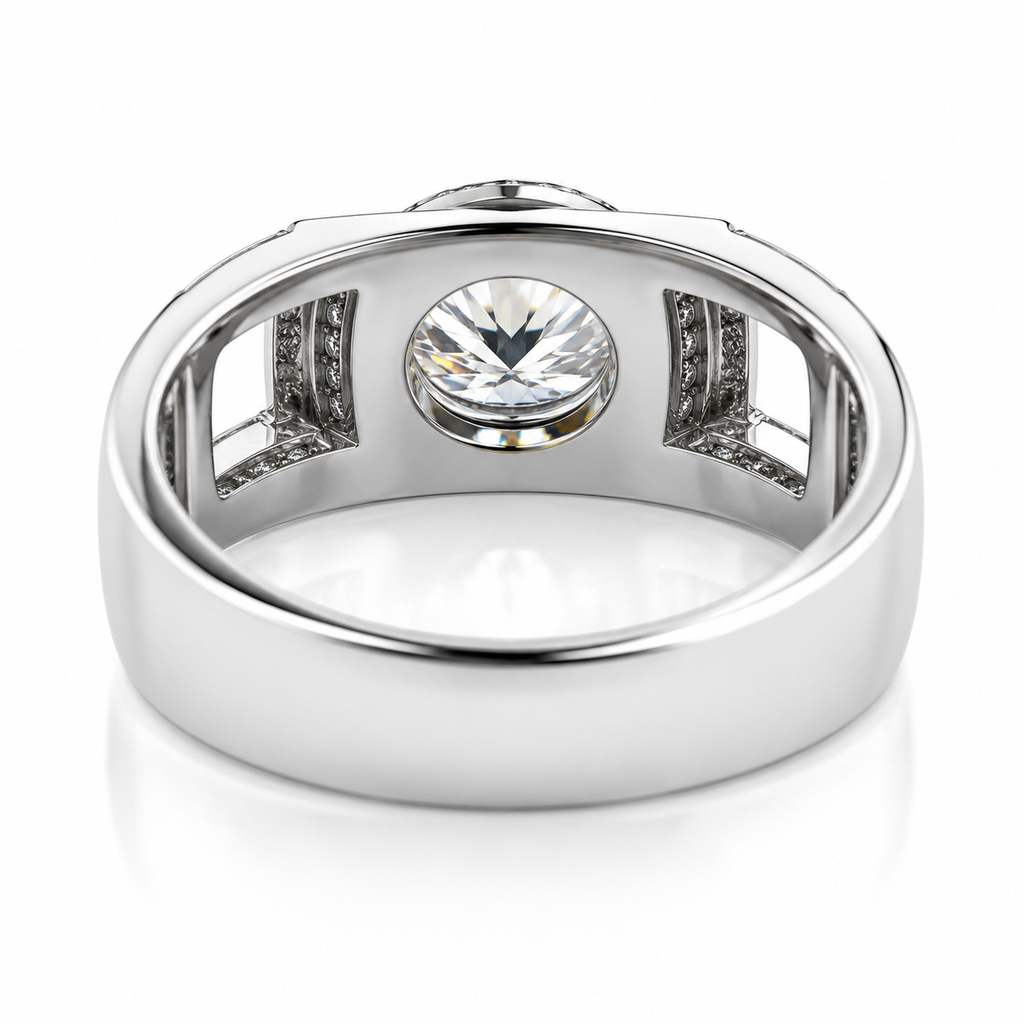 2 carat men's D Color 8mm round brilliant moissanite halo ring in platinum plated sterling silver with cubic zirconia accents on a white background