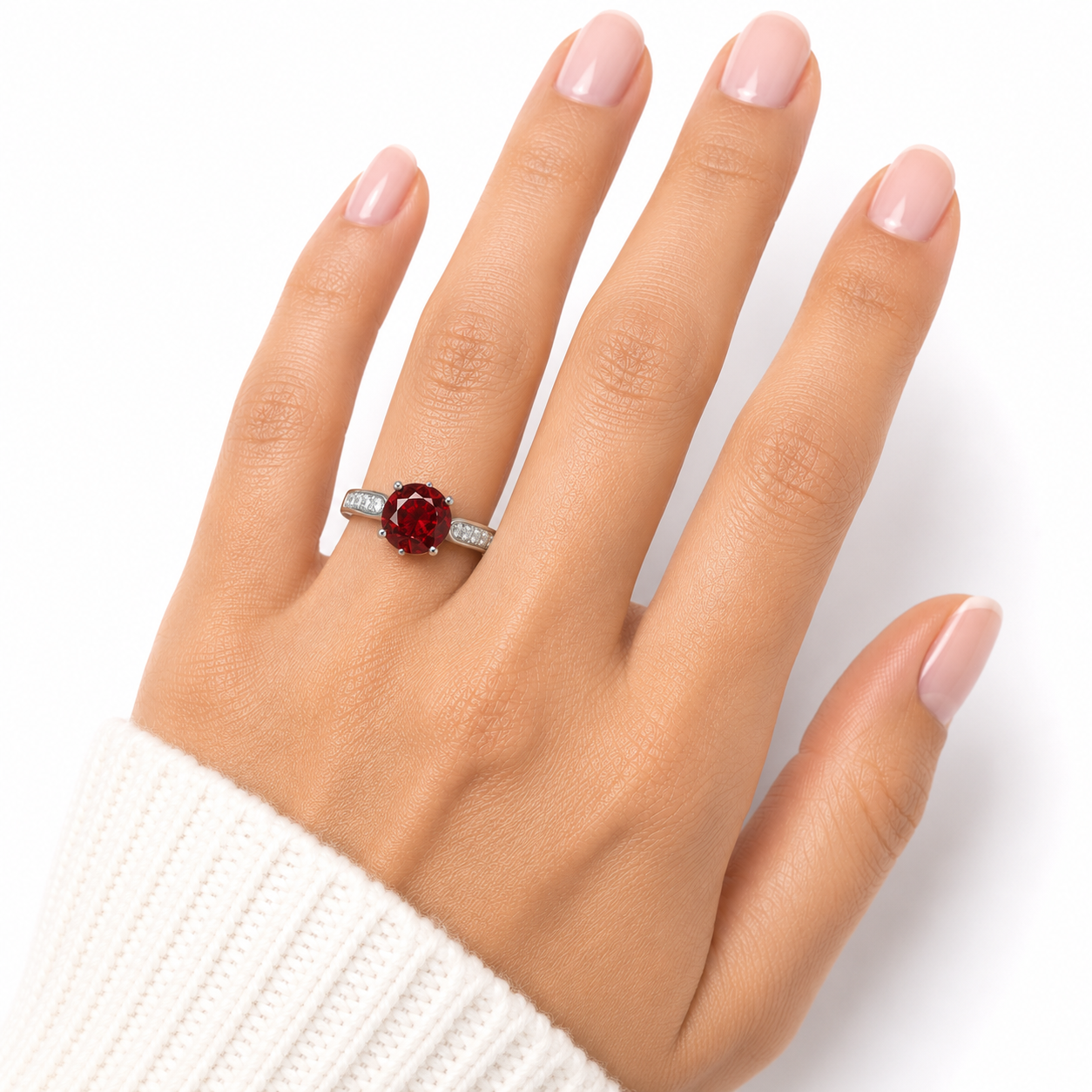 Natural 8mm round red garnet solitaire ring with cubic zirconia pavé shoulder accents in platinum plated sterling silver on a white background