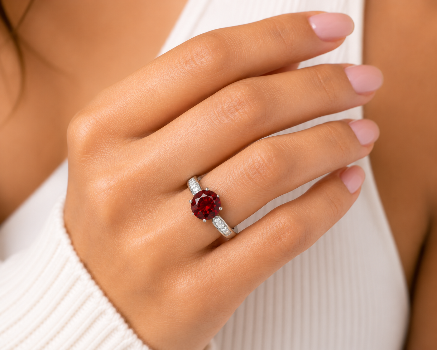 Natural 8mm round red garnet solitaire ring with cubic zirconia pavé shoulder accents in platinum plated sterling silver on a white background