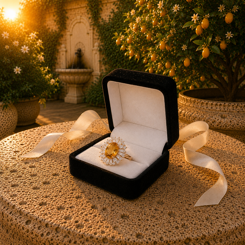 Natural 5x7mm oval citrine sunburst ring presented in Phimsera jewelry gift box