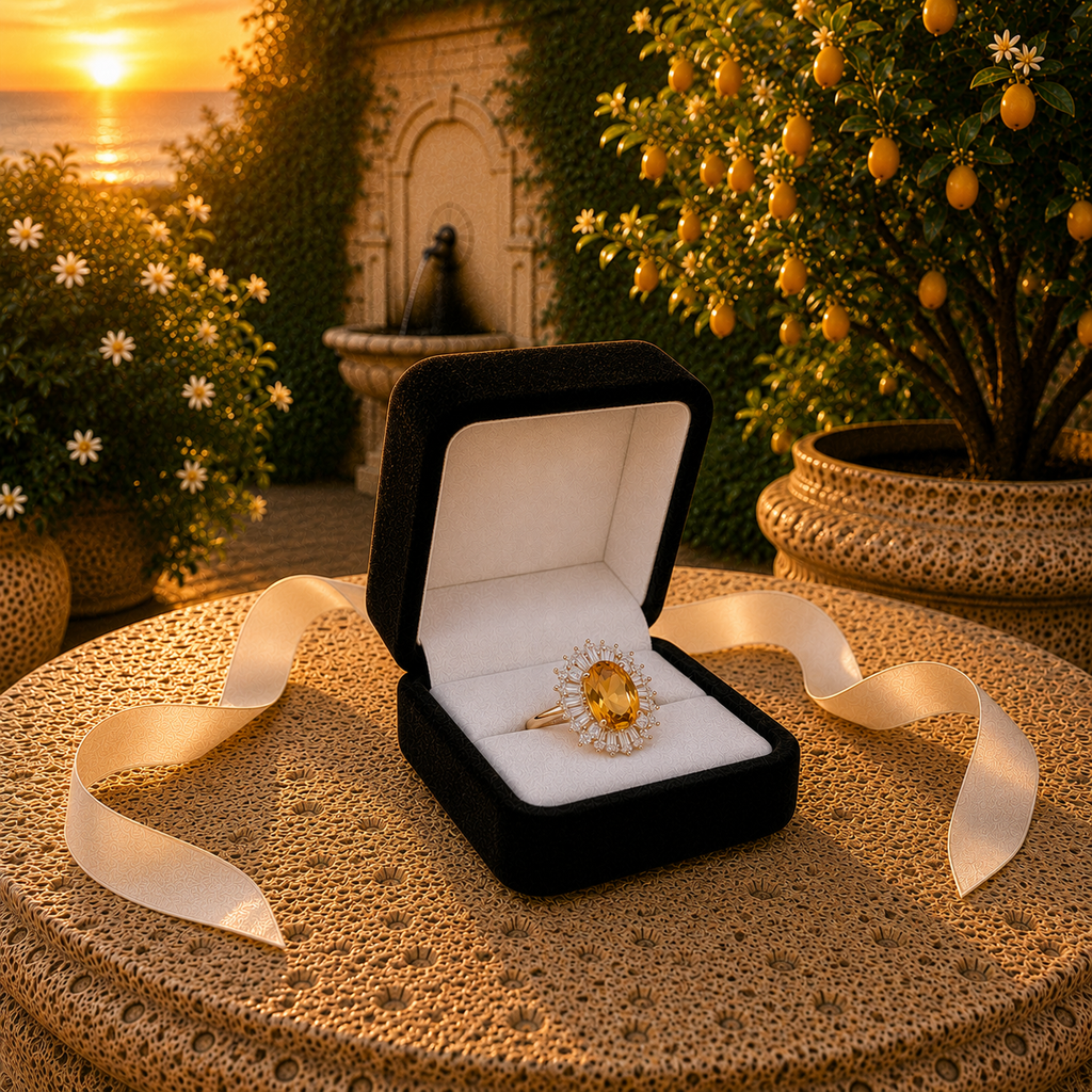 Natural 5x7mm oval citrine sunburst ring presented in Phimsera jewelry gift box