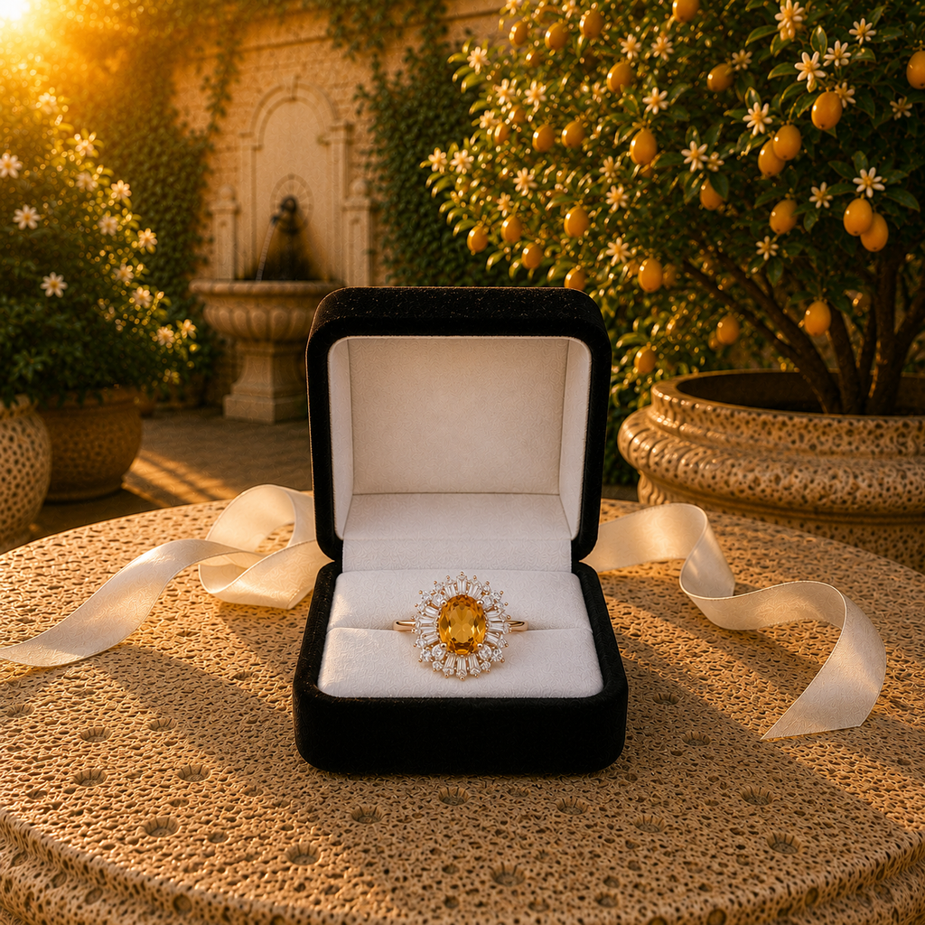 Natural 5x7mm oval citrine sunburst ring presented in Phimsera jewelry gift box