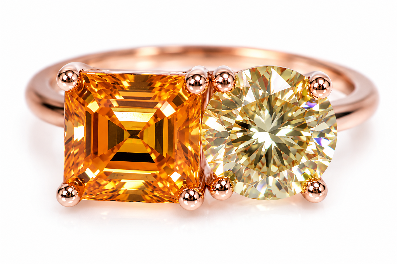 Two stone yellow moissanite ring featuring Asscher cut and round brilliant cut gemstones in rose gold plated 925 sterling silver on a white background