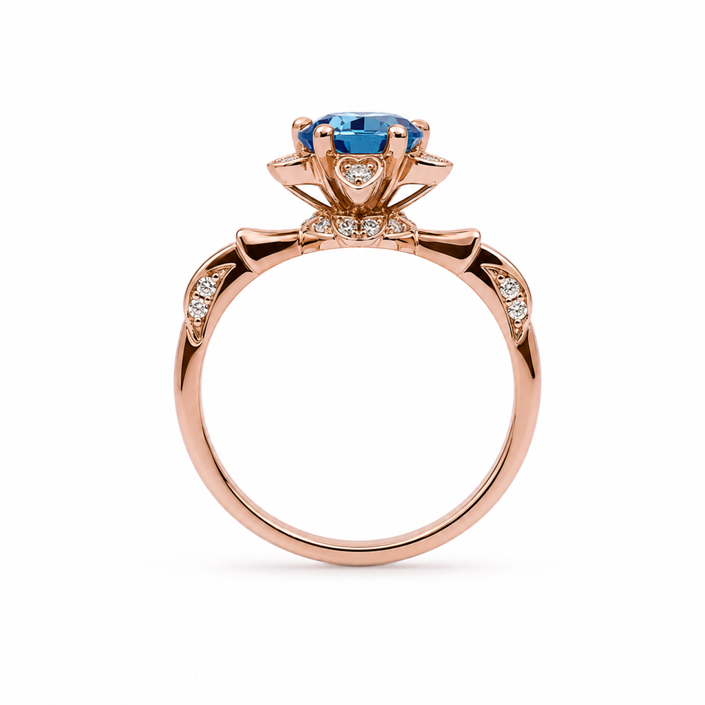 Royal Blue 6.5mm VVS1 round brilliant moissanite floral ring with cubic zirconia accents in rose gold plated sterling silver on a white background