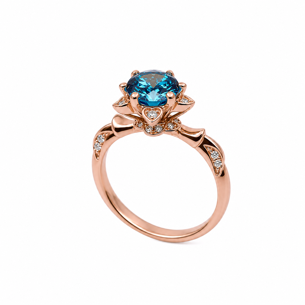 Royal Blue 6.5mm VVS1 round brilliant moissanite floral ring with cubic zirconia accents in rose gold plated sterling silver on a white background