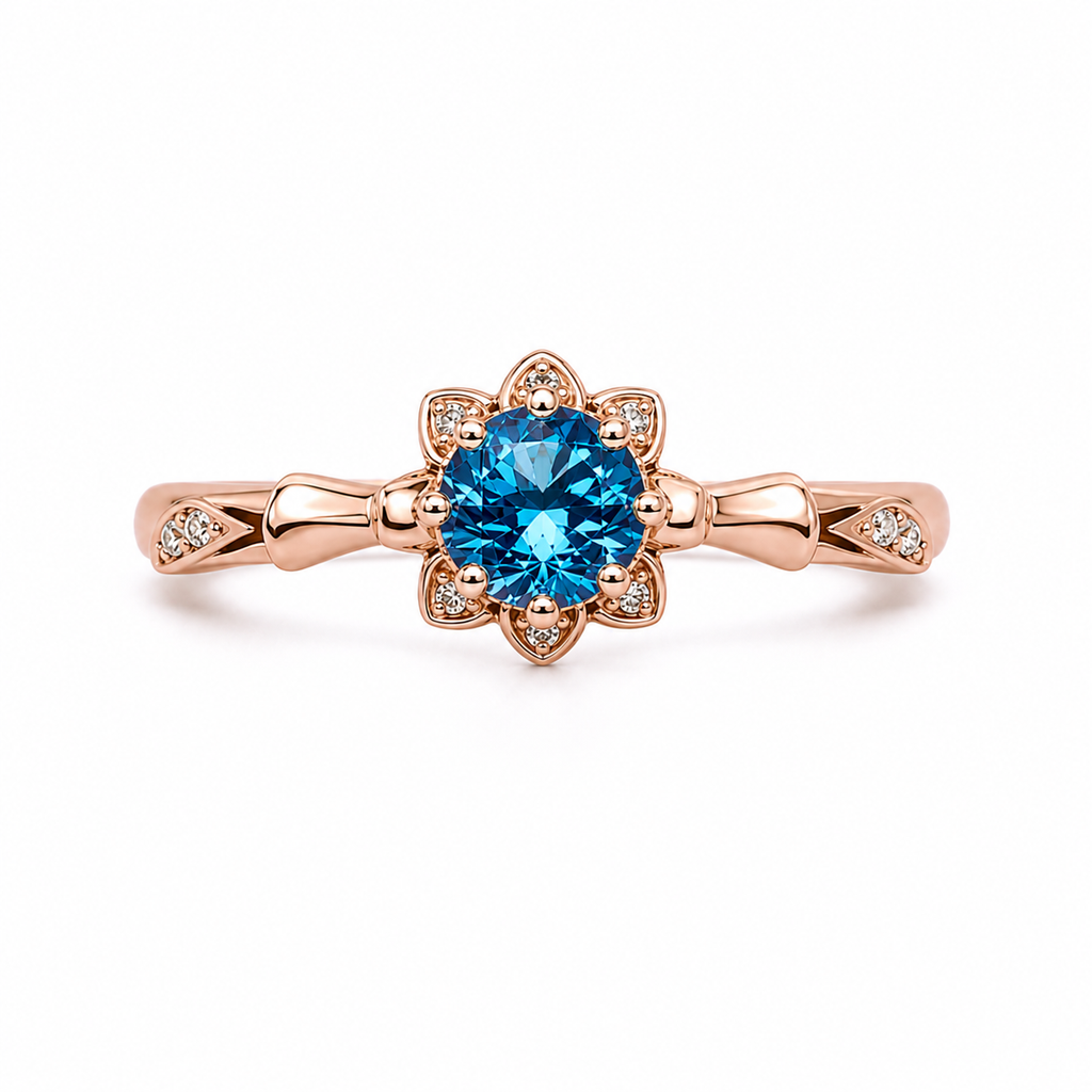 Royal Blue 6.5mm VVS1 round brilliant moissanite floral ring with cubic zirconia accents in rose gold plated sterling silver on a white background