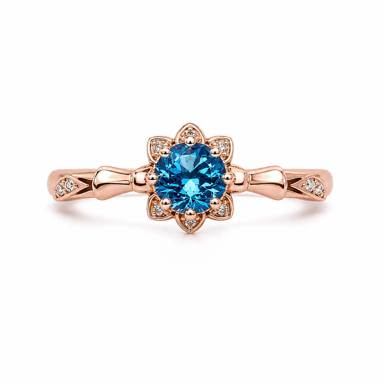 Royal Blue 6.5mm VVS1 round brilliant moissanite floral ring with cubic zirconia accents in rose gold plated sterling silver on a white background