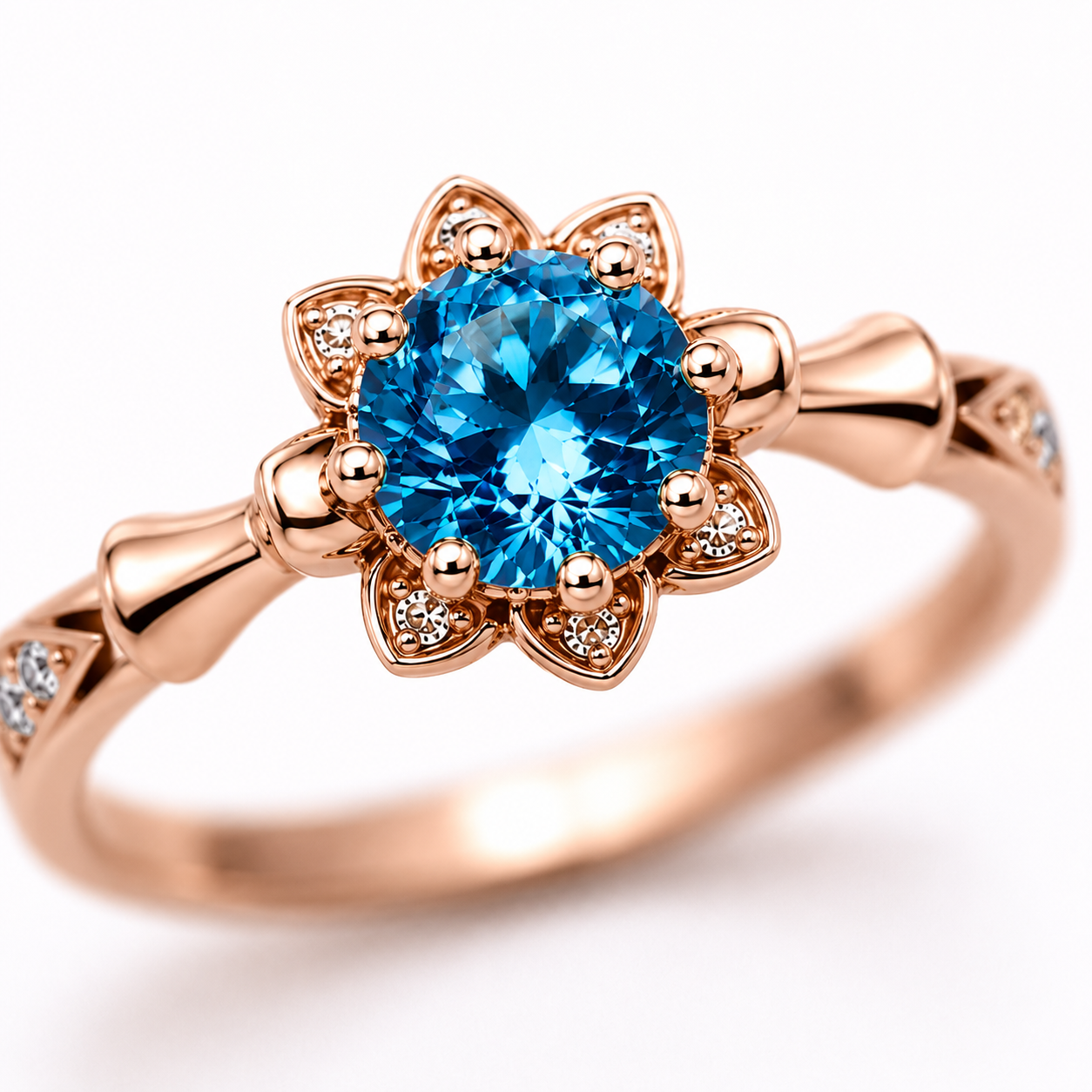 Royal Blue 6.5mm VVS1 round brilliant moissanite floral ring with cubic zirconia accents in rose gold plated sterling silver on a white background