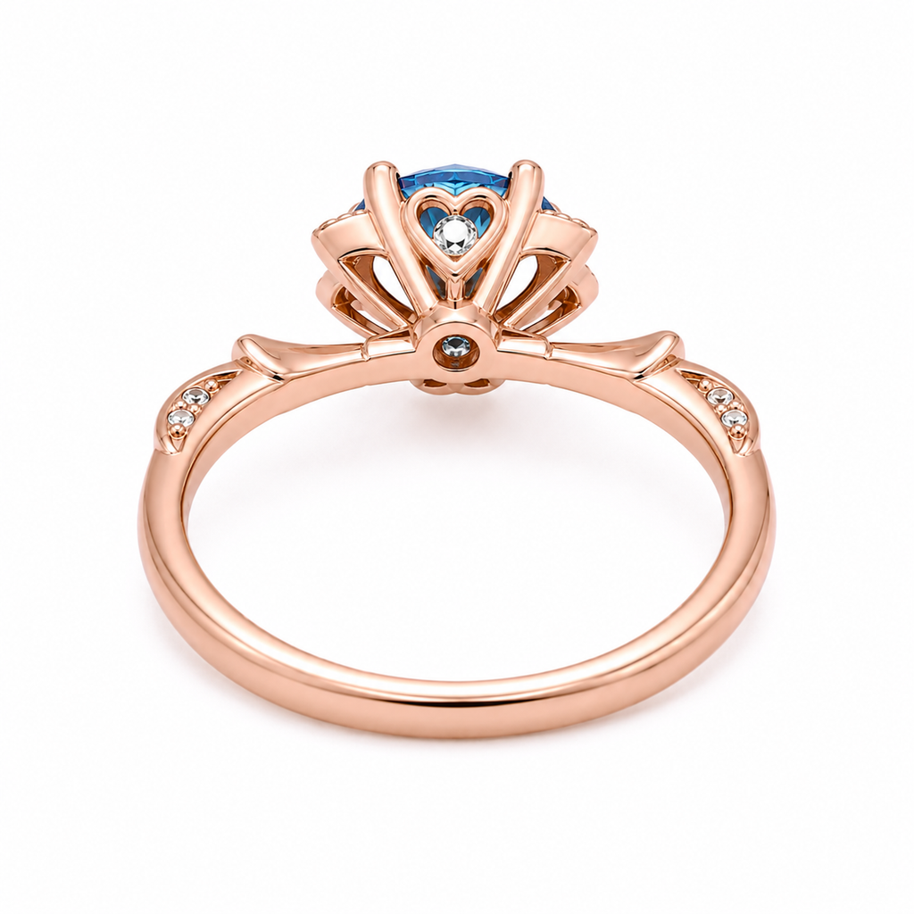 Royal Blue 6.5mm VVS1 round brilliant moissanite floral ring with cubic zirconia accents in rose gold plated sterling silver on a white background