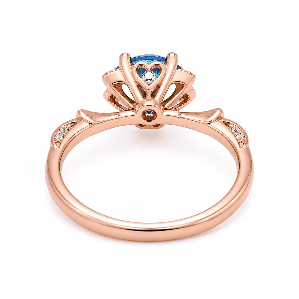 Royal Blue 6.5mm VVS1 round brilliant moissanite floral ring with cubic zirconia accents in rose gold plated sterling silver on a white background