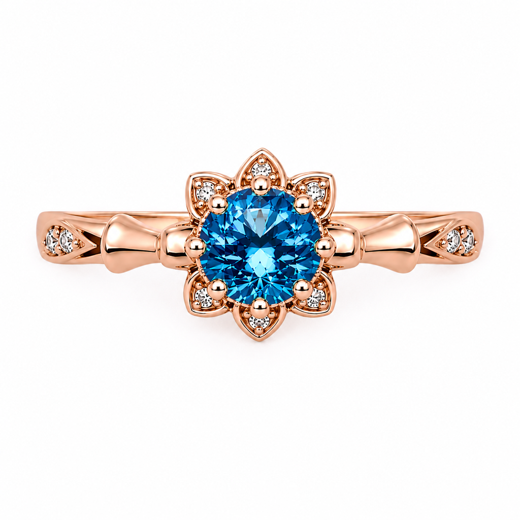Royal Blue 6.5mm VVS1 round brilliant moissanite floral ring with cubic zirconia accents in rose gold plated sterling silver on a white background