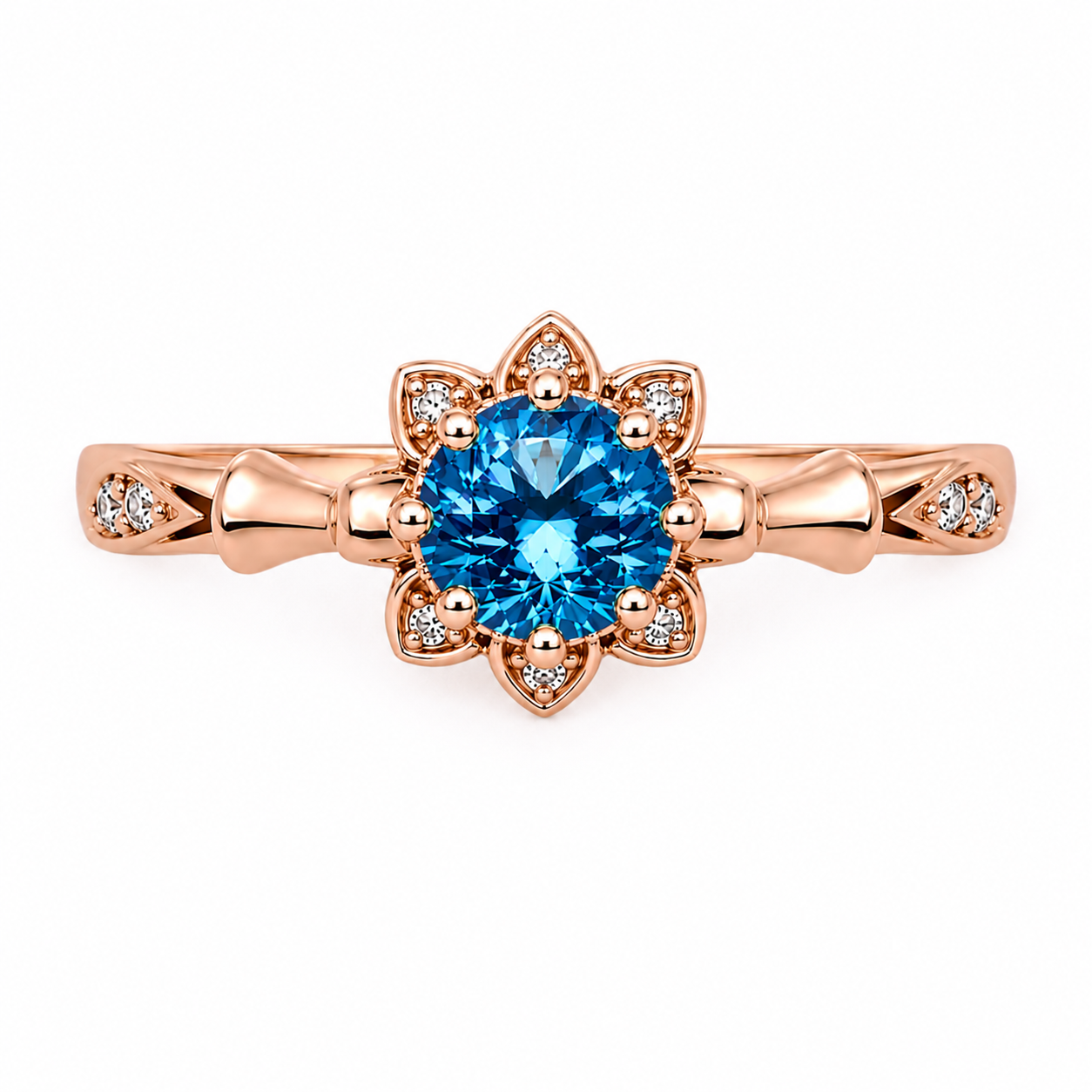 Royal Blue 6.5mm VVS1 round brilliant moissanite floral ring with cubic zirconia accents in rose gold plated sterling silver on a white background