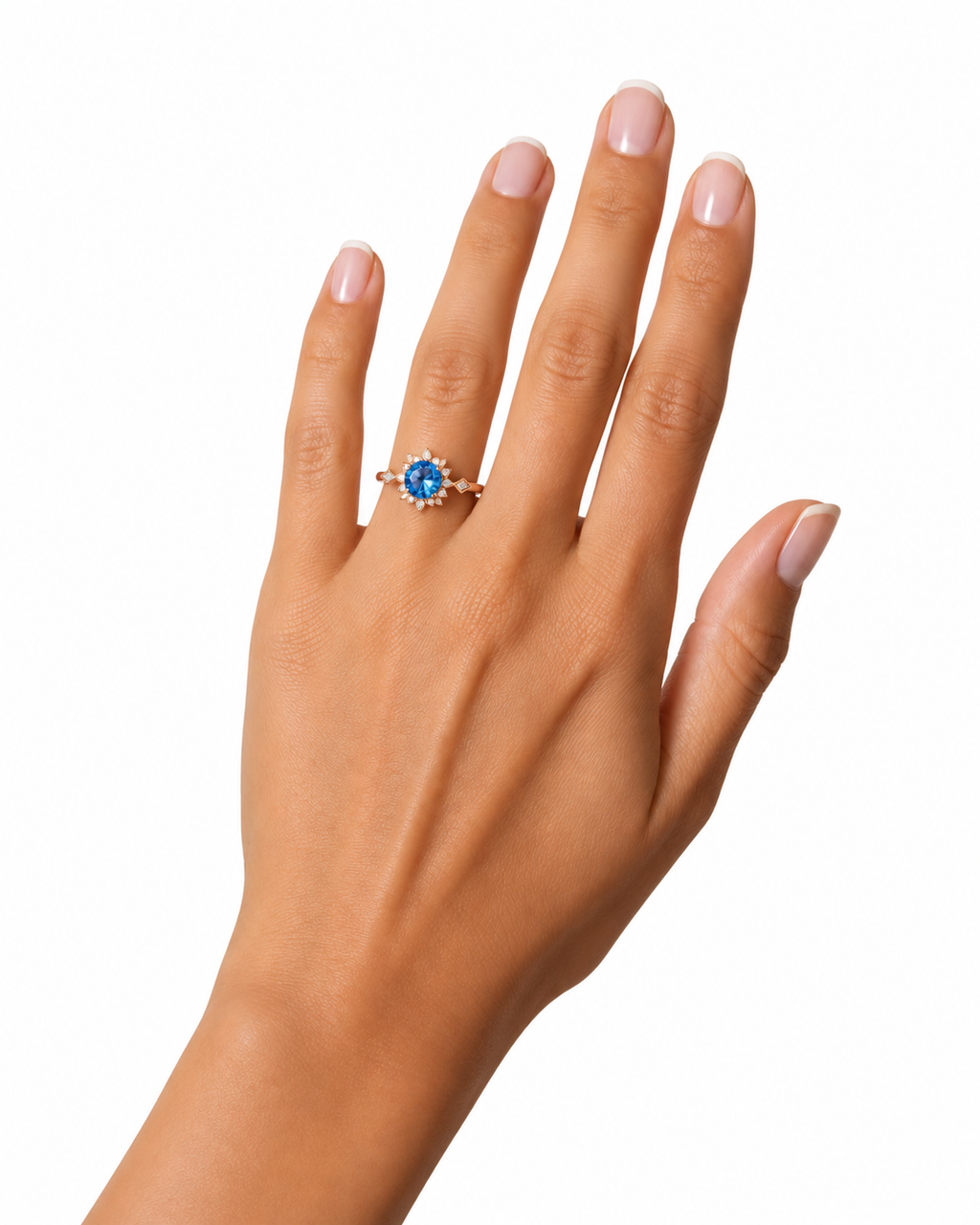 Royal Blue 6.5mm VVS1 round brilliant moissanite floral ring with cubic zirconia accents in rose gold plated sterling silver on a white background