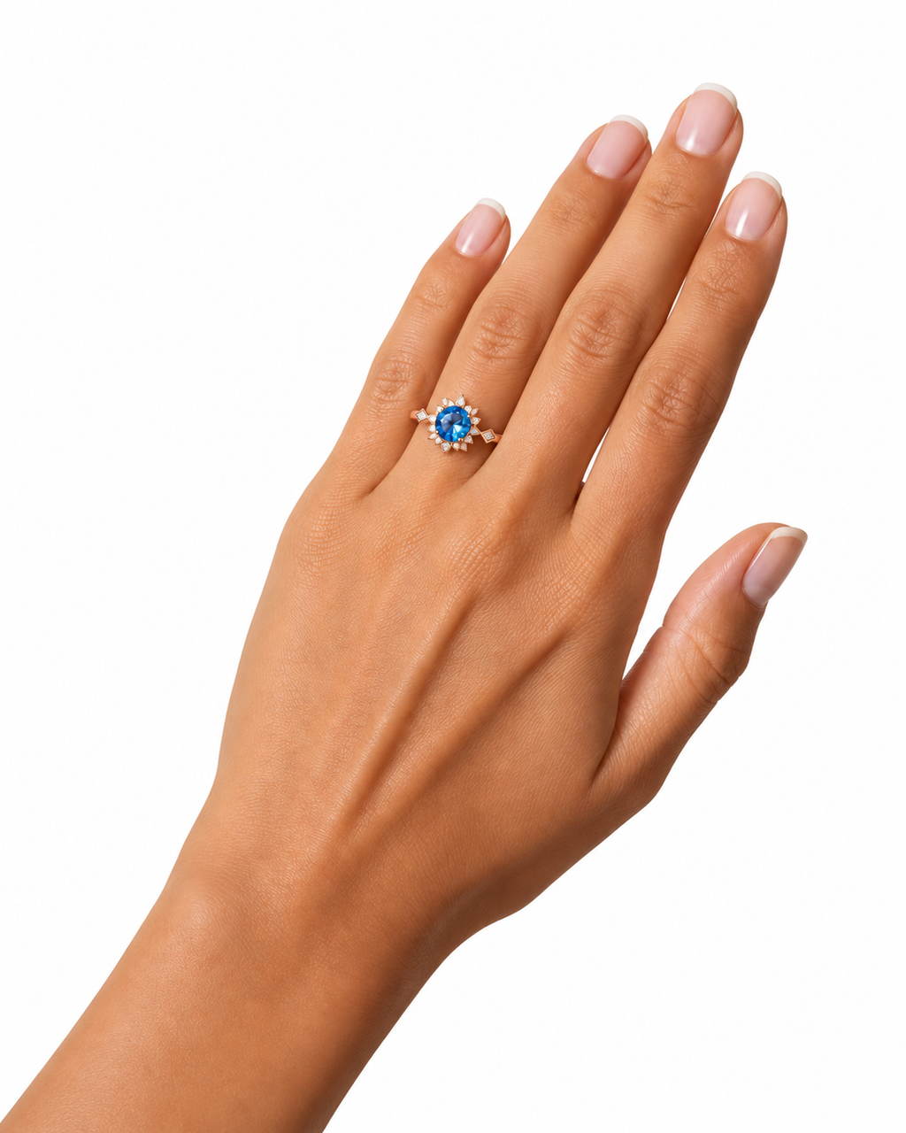 Royal Blue 6.5mm VVS1 round brilliant moissanite floral ring with cubic zirconia accents in rose gold plated sterling silver on a white background