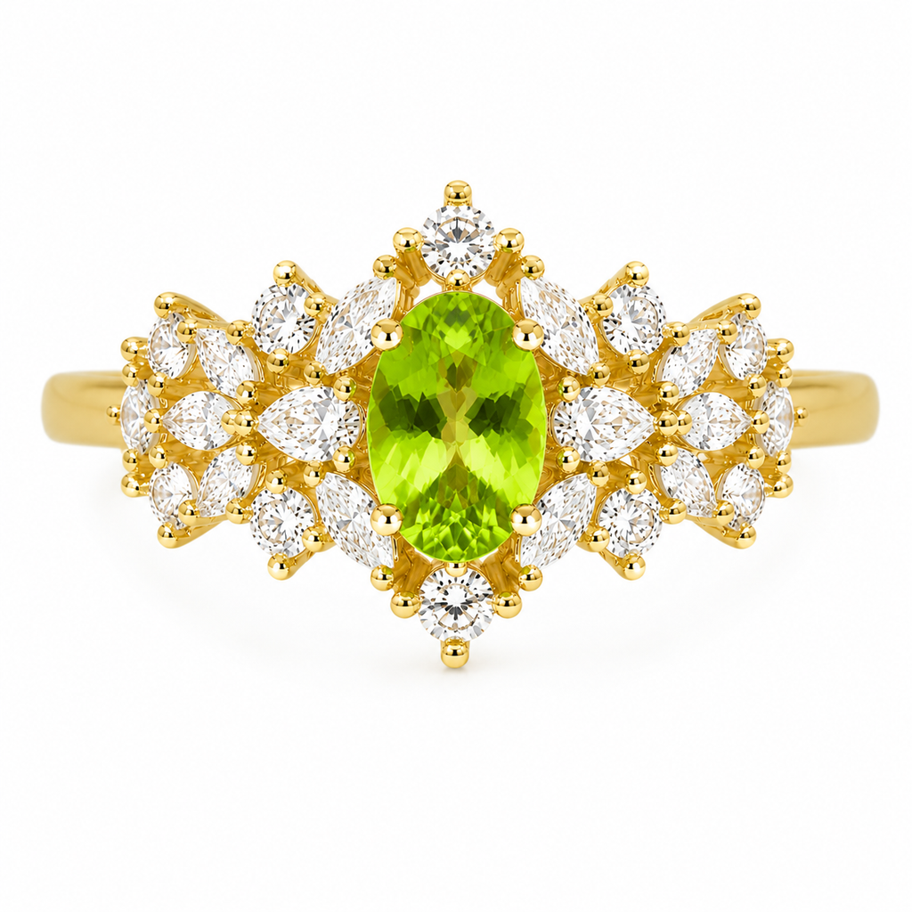 Natural Peridot Gemstone Statement Ring 5x7mm, August Birthstone Peridot Ring