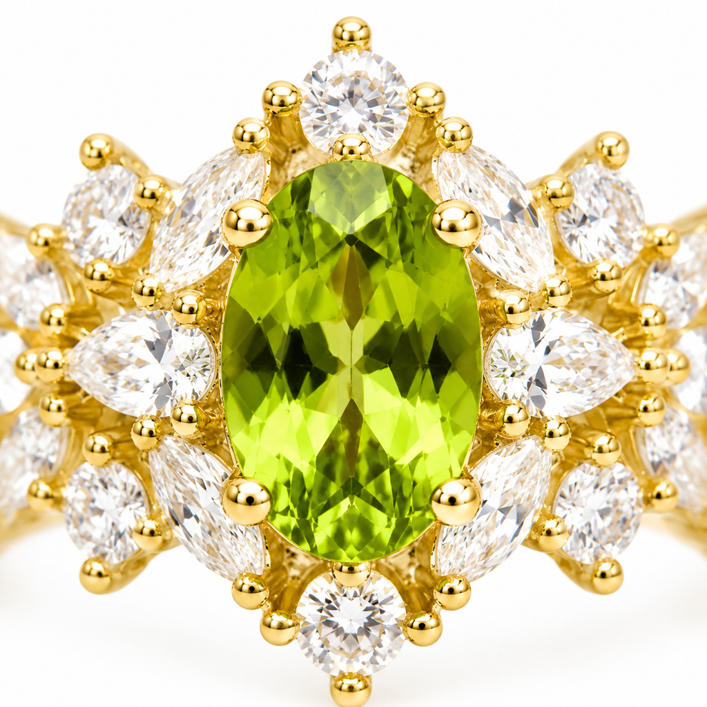 Natural Peridot Gemstone Statement Ring 5x7mm, August Birthstone Peridot Ring