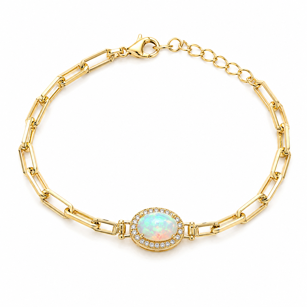 Natural 6x8mm Fire Opal Paperclip Chain Bracelet in Gold Plated 925 Sterling Silver on White Background