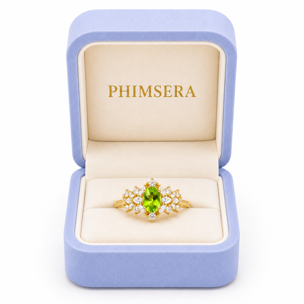 Natural Peridot Gemstone Statement Ring 5x7mm, August Birthstone Peridot Ring