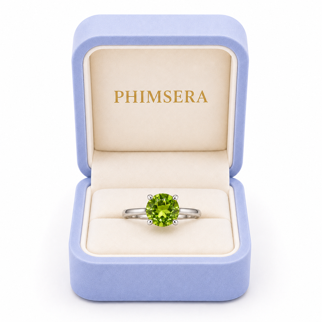 2CT Natural Peridot Birthstone Ring 8mm Platinum Plated Sterling Silver